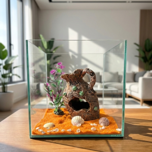 Doğal Kumlu Cam Küp Dekor Akvaryum