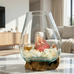 Deniz Esintili Ahşap Tabanlı Cam Vazo