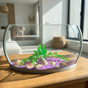 Modern Yarım Ay Şeklinde Cam Akvaryum Seti (Mor Kum & Dekorlu)