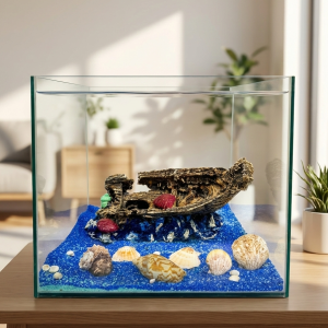 Okyanus Esintisi: Batık Gemi Temalı Dekoratif Küp Akvaryum