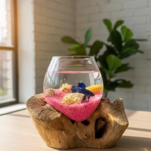 Canlı Beta Balığı Cam Fanus – Ahşap Standlı Dekoratif Mini Akvaryum